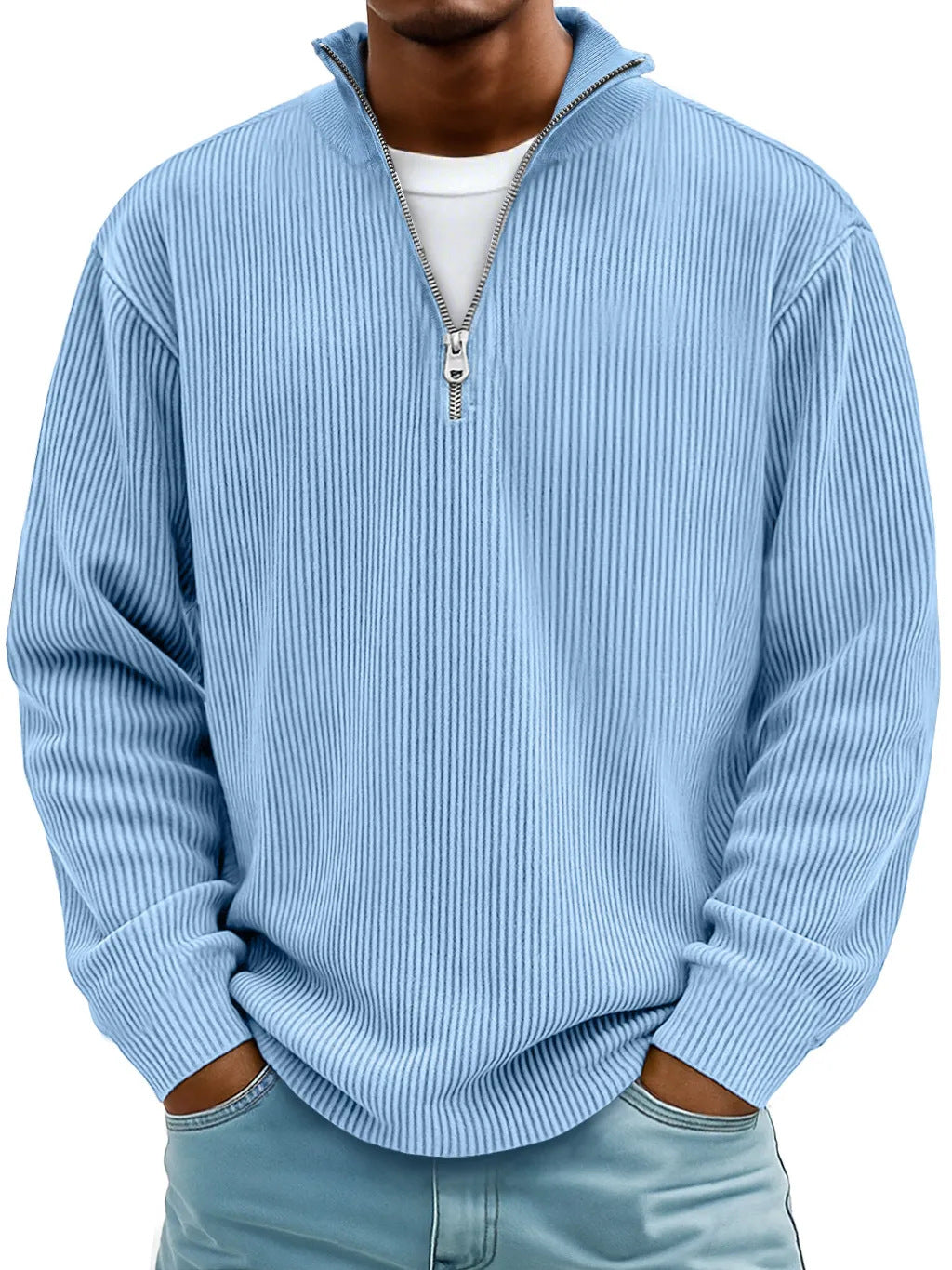 Autumn And Winter New Men's Casual Stand-Up Collar Zipper Corduroy Long-Sleeved Men's Polo Shirt Sweatshirt | FINDRAGUS
